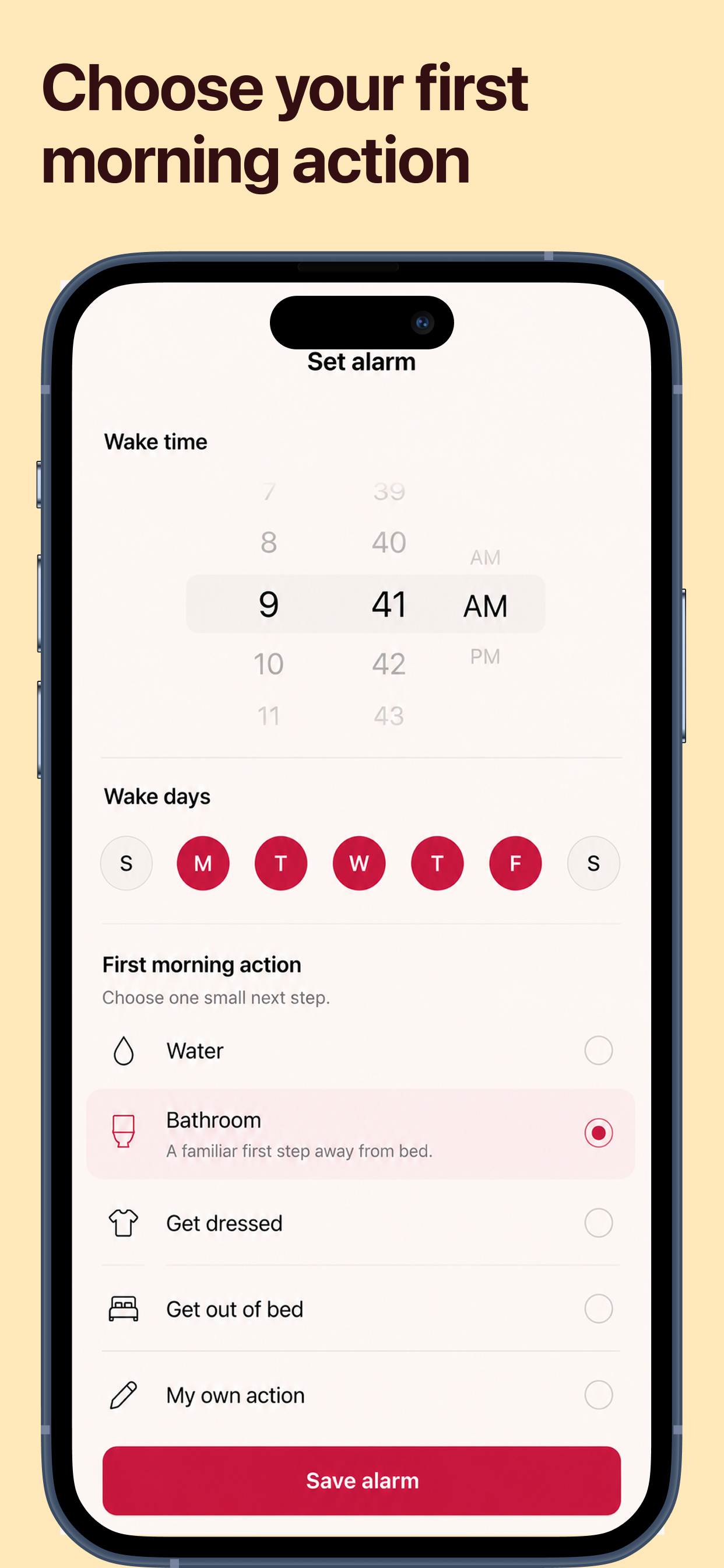 Alarm Buddy’s alarm setup screen showing a recurring time and a choice of first morning actions.