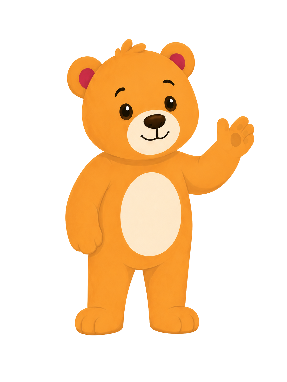 Biscuit, Alarm Buddy’s full-body orange bear companion, waving.