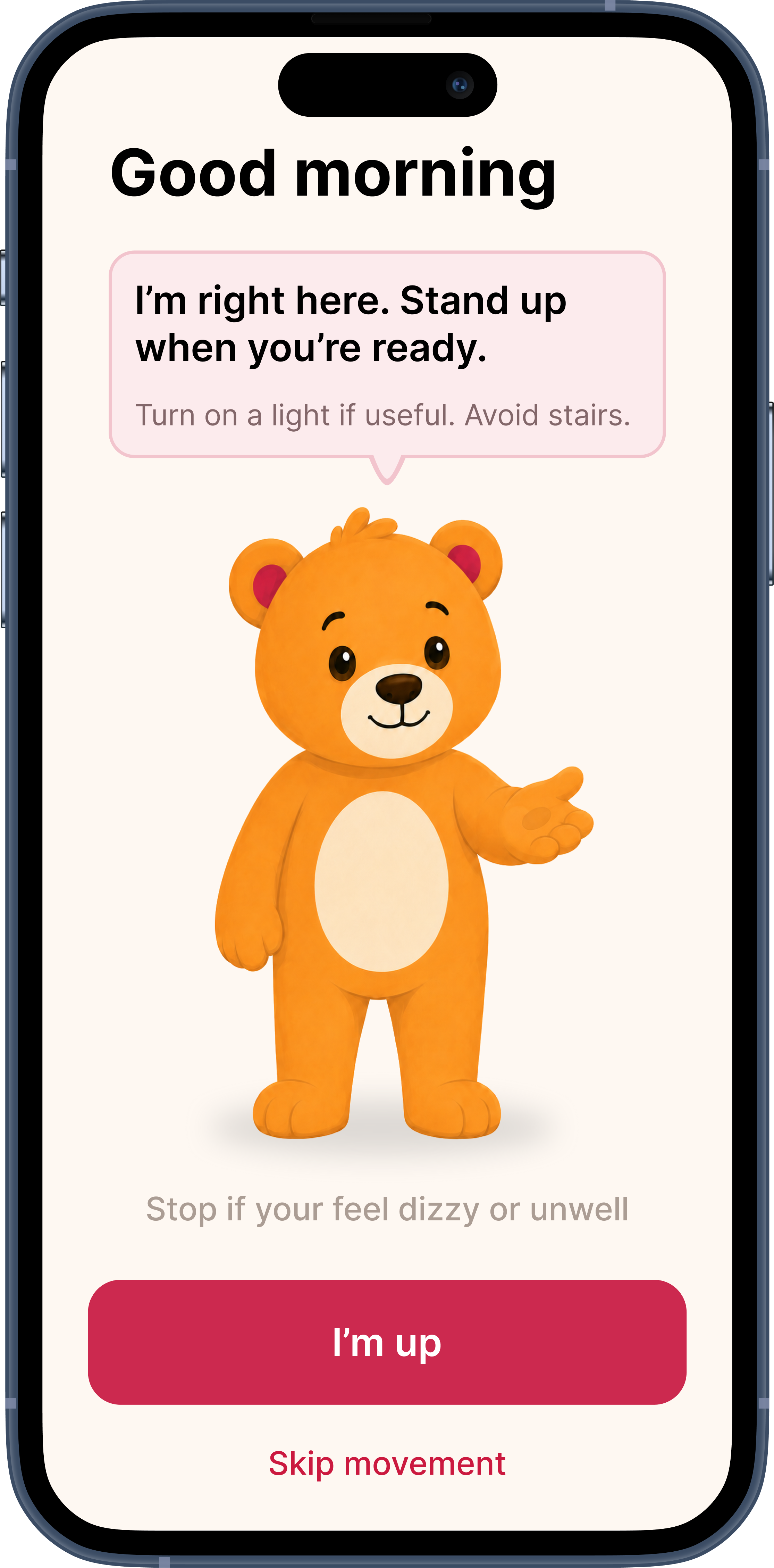 Alarm Buddy’s Good morning screen inside an iPhone frame, with Biscuit offering a calm next step and controls to continue or skip movement.